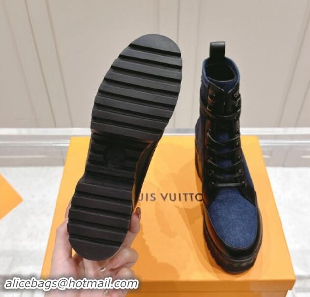 Classic Hot Louis Vuitton Laureate Platform Desert Ankle Boots 7cm in Dark Blue Denim 1015061