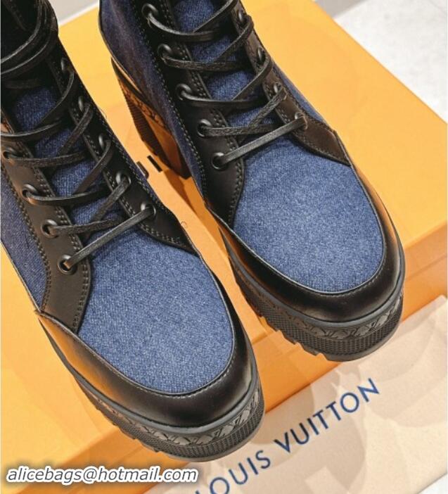 Classic Hot Louis Vuitton Laureate Platform Desert Ankle Boots 7cm in Dark Blue Denim 1015061