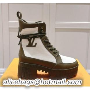 Good Quality Louis Vuitton Laureate Platform Desert Ankle Boots 7cm in Canvas and Leather White/Green 1015062