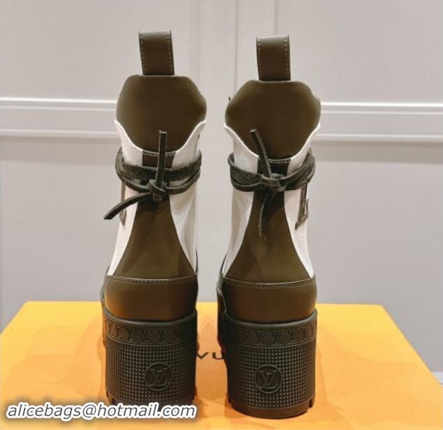 Good Quality Louis Vuitton Laureate Platform Desert Ankle Boots 7cm in Canvas and Leather White/Green 1015062