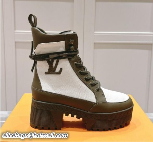 Good Quality Louis Vuitton Laureate Platform Desert Ankle Boots 7cm in Canvas and Leather White/Green 1015062