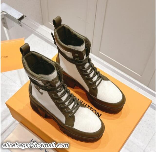 Good Quality Louis Vuitton Laureate Platform Desert Ankle Boots 7cm in Canvas and Leather White/Green 1015062