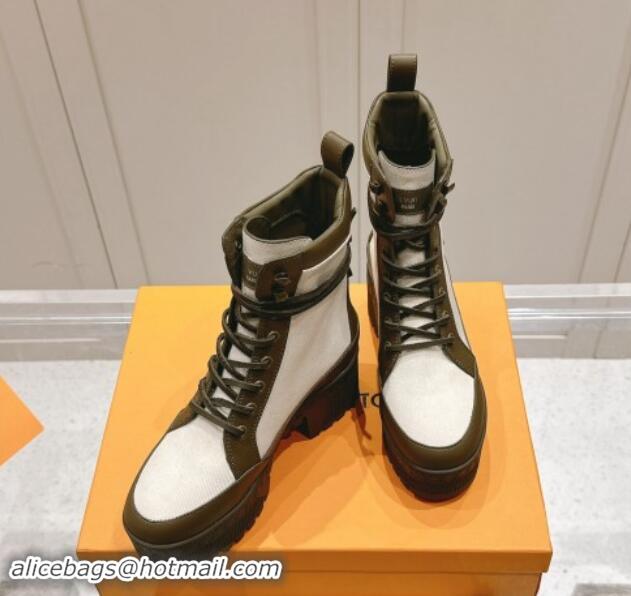 Good Quality Louis Vuitton Laureate Platform Desert Ankle Boots 7cm in Canvas and Leather White/Green 1015062