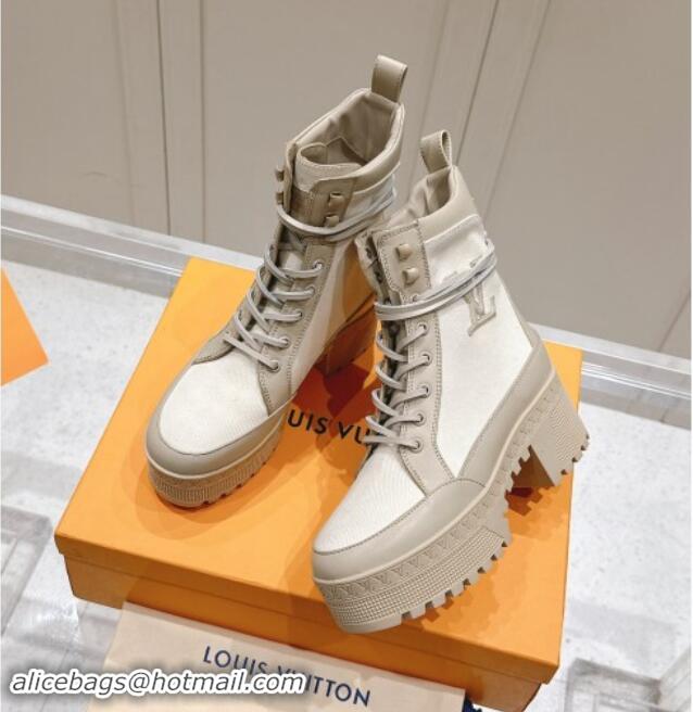 Generous Louis Vuitton Laureate Platform Desert Ankle Boots 7cm in Canvas and Leather White/Grey 1015063