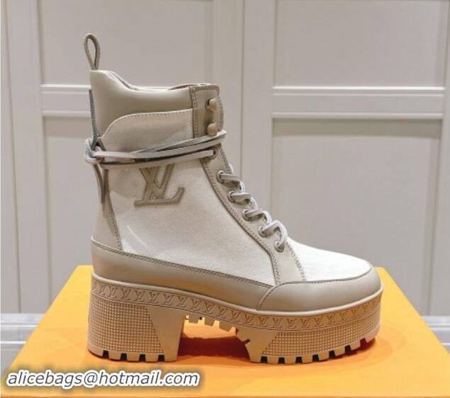 Generous Louis Vuitton Laureate Platform Desert Ankle Boots 7cm in Canvas and Leather White/Grey 1015063