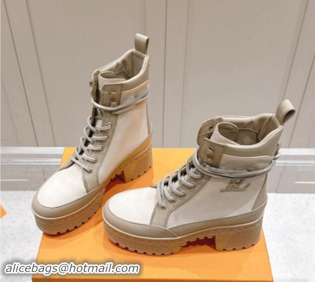 Generous Louis Vuitton Laureate Platform Desert Ankle Boots 7cm in Canvas and Leather White/Grey 1015063