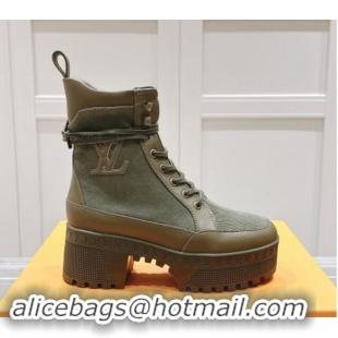 Top Design Louis Vuitton Laureate Platform Desert Ankle Boots 7cm in Canvas and Leather Khaki Green 1015064