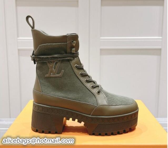 Top Design Louis Vuitton Laureate Platform Desert Ankle Boots 7cm in Canvas and Leather Khaki Green 1015064