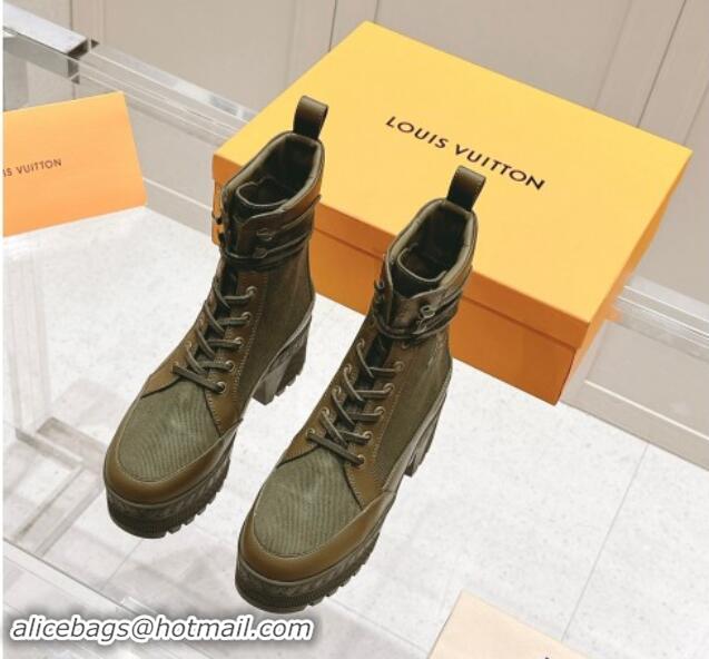 Top Design Louis Vuitton Laureate Platform Desert Ankle Boots 7cm in Canvas and Leather Khaki Green 1015064