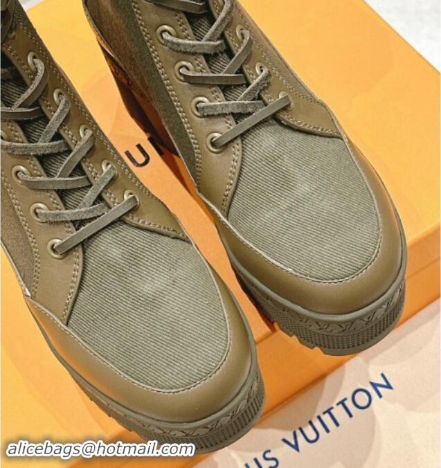 Top Design Louis Vuitton Laureate Platform Desert Ankle Boots 7cm in Canvas and Leather Khaki Green 1015064