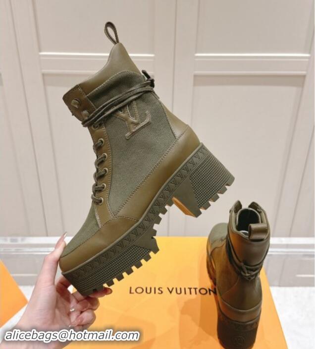 Top Design Louis Vuitton Laureate Platform Desert Ankle Boots 7cm in Canvas and Leather Khaki Green 1015064