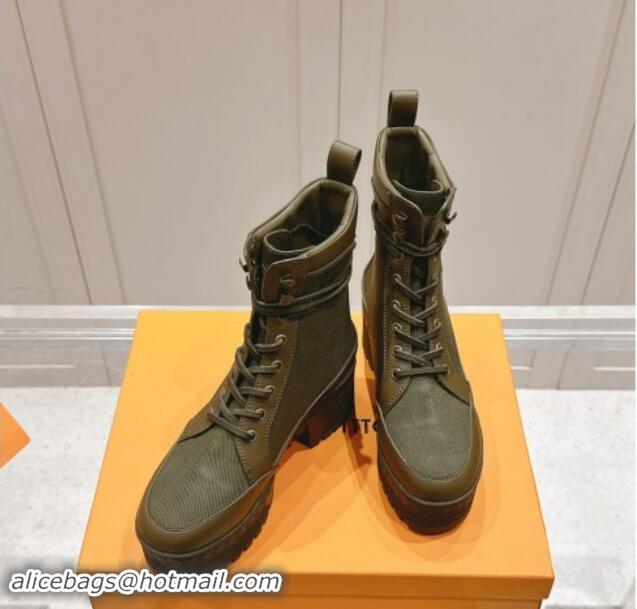 Top Design Louis Vuitton Laureate Platform Desert Ankle Boots 7cm in Canvas and Leather Khaki Green 1015064