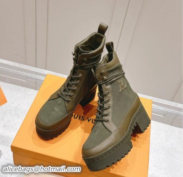 Top Design Louis Vuitton Laureate Platform Desert Ankle Boots 7cm in Canvas and Leather Khaki Green 1015064