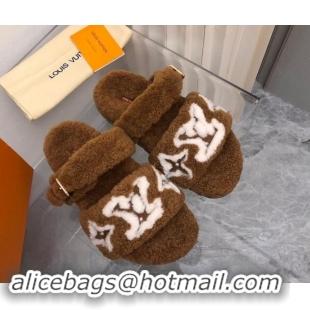 Buy Luxury Louis Vuitton Wool Fur Flat Slides Sandal with Buckle Brown 1015066