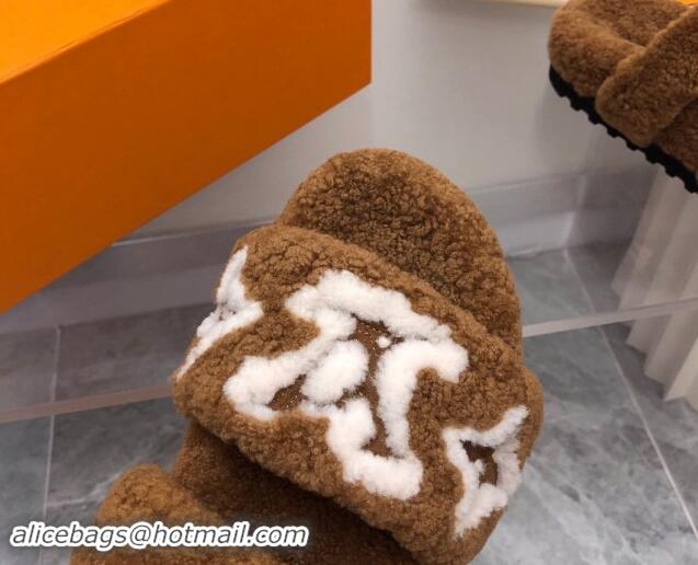 Buy Luxury Louis Vuitton Wool Fur Flat Slides Sandal with Buckle Brown 1015066