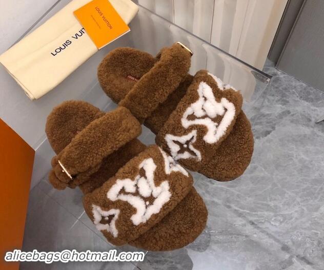 Buy Luxury Louis Vuitton Wool Fur Flat Slides Sandal with Buckle Brown 1015066