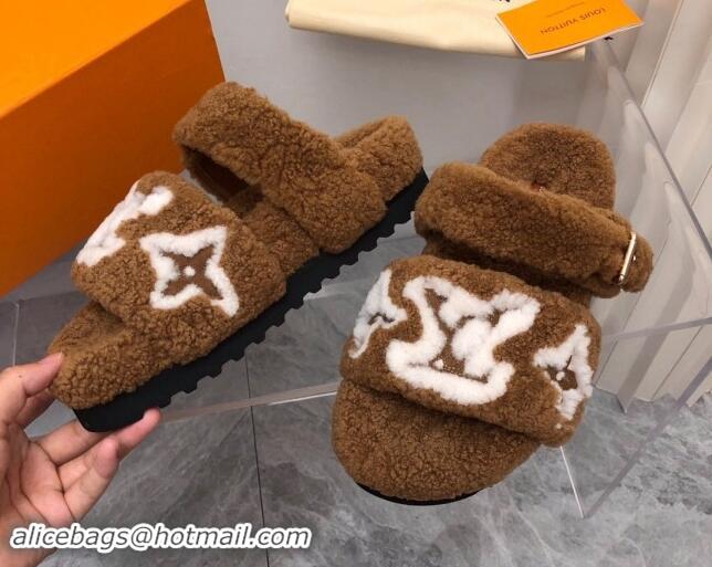 Buy Luxury Louis Vuitton Wool Fur Flat Slides Sandal with Buckle Brown 1015066