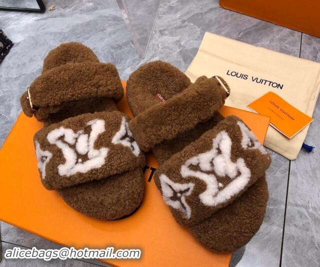 Buy Luxury Louis Vuitton Wool Fur Flat Slides Sandal with Buckle Brown 1015066