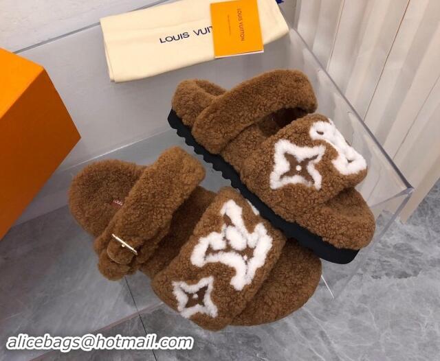 Buy Luxury Louis Vuitton Wool Fur Flat Slides Sandal with Buckle Brown 1015066