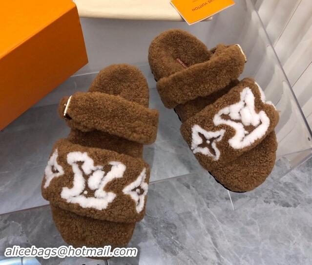 Buy Luxury Louis Vuitton Wool Fur Flat Slides Sandal with Buckle Brown 1015066