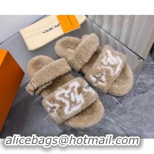 Shop Cheap Louis Vuitton Wool Fur Flat Slides Sandal with Buckle Beige 1015067