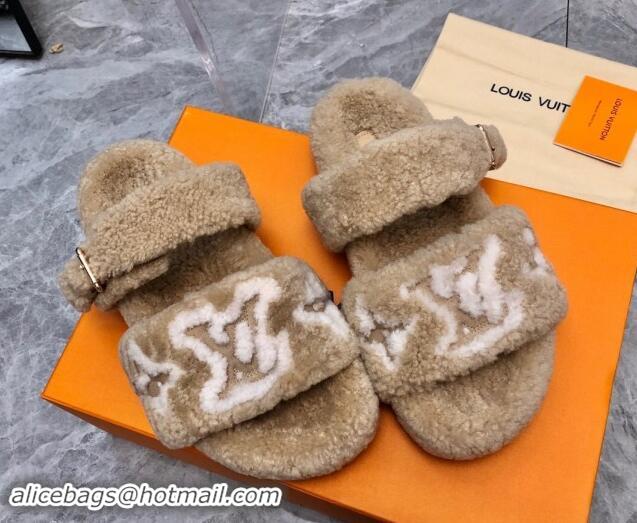 Shop Cheap Louis Vuitton Wool Fur Flat Slides Sandal with Buckle Beige 1015067