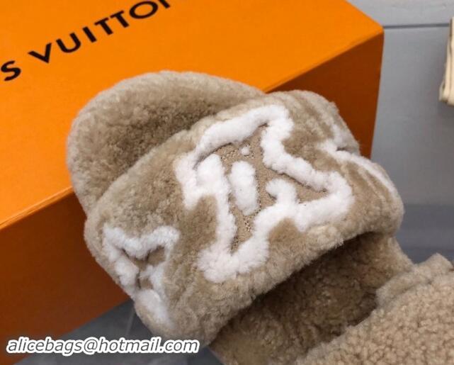 Shop Cheap Louis Vuitton Wool Fur Flat Slides Sandal with Buckle Beige 1015067