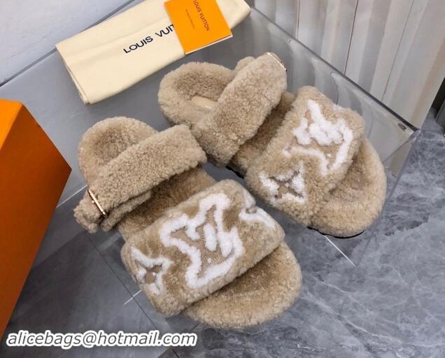 Shop Cheap Louis Vuitton Wool Fur Flat Slides Sandal with Buckle Beige 1015067