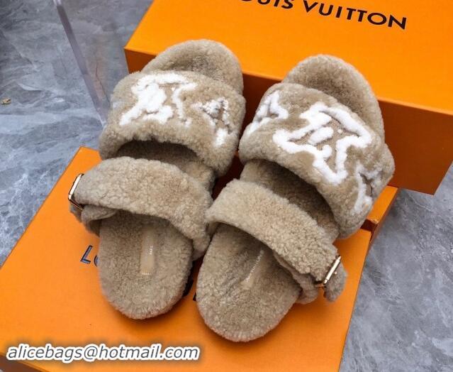 Shop Cheap Louis Vuitton Wool Fur Flat Slides Sandal with Buckle Beige 1015067