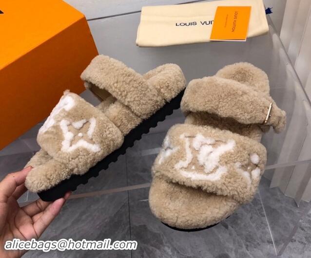 Shop Cheap Louis Vuitton Wool Fur Flat Slides Sandal with Buckle Beige 1015067