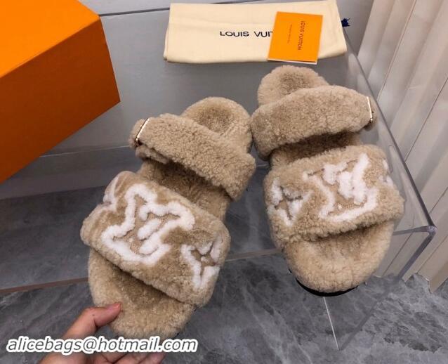 Shop Cheap Louis Vuitton Wool Fur Flat Slides Sandal with Buckle Beige 1015067