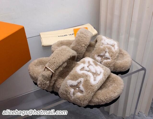 Shop Cheap Louis Vuitton Wool Fur Flat Slides Sandal with Buckle Beige 1015067