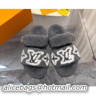 Good Quality Louis Vuitton Wool Fur Flat Slides Sandal with Buckle Grey 1015068