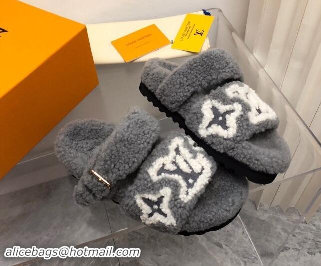 Good Quality Louis Vuitton Wool Fur Flat Slides Sandal with Buckle Grey 1015068