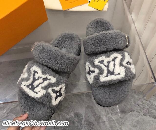 Good Quality Louis Vuitton Wool Fur Flat Slides Sandal with Buckle Grey 1015068