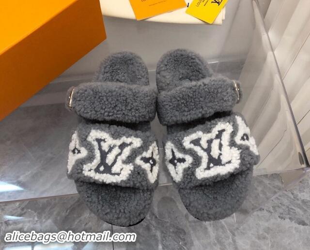 Good Quality Louis Vuitton Wool Fur Flat Slides Sandal with Buckle Grey 1015068