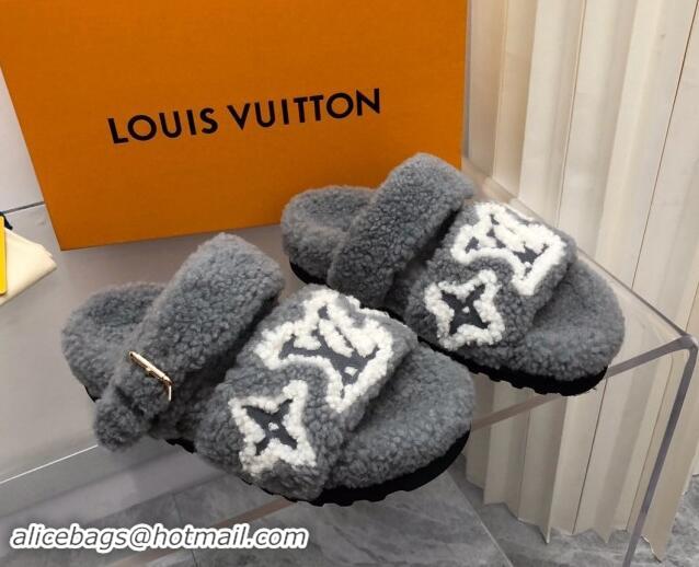 Good Quality Louis Vuitton Wool Fur Flat Slides Sandal with Buckle Grey 1015068