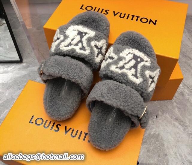 Good Quality Louis Vuitton Wool Fur Flat Slides Sandal with Buckle Grey 1015068