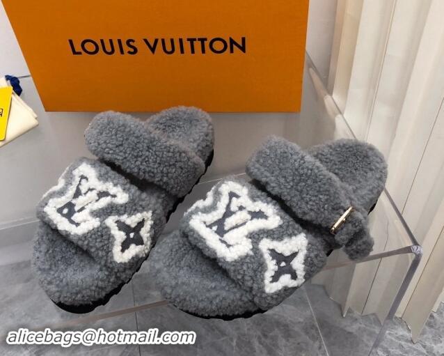 Good Quality Louis Vuitton Wool Fur Flat Slides Sandal with Buckle Grey 1015068