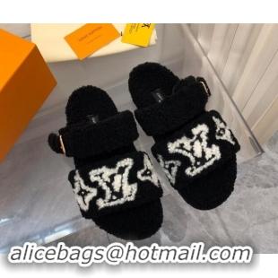 Grade Quality Louis Vuitton Wool Fur Flat Slides Sandal with Buckle Black 1015069