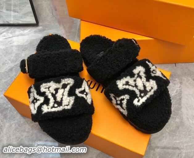 Grade Quality Louis Vuitton Wool Fur Flat Slides Sandal with Buckle Black 1015069