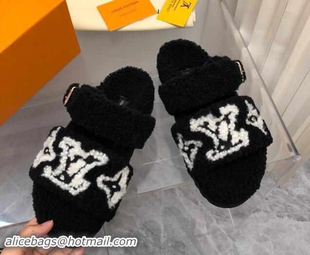 Grade Quality Louis Vuitton Wool Fur Flat Slides Sandal with Buckle Black 1015069