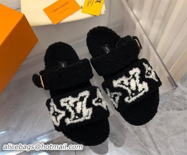 Grade Quality Louis Vuitton Wool Fur Flat Slides Sandal with Buckle Black 1015069