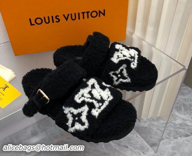 Grade Quality Louis Vuitton Wool Fur Flat Slides Sandal with Buckle Black 1015069