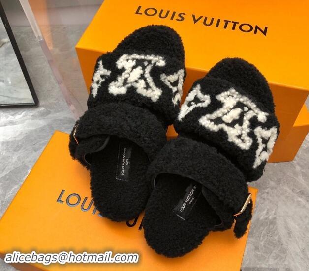 Grade Quality Louis Vuitton Wool Fur Flat Slides Sandal with Buckle Black 1015069