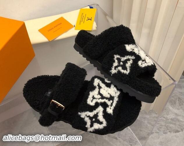 Grade Quality Louis Vuitton Wool Fur Flat Slides Sandal with Buckle Black 1015069