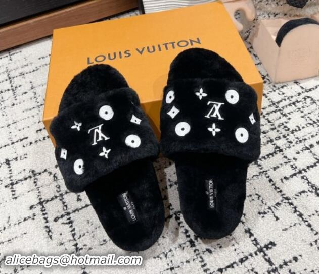 Low Price Louis Vuitton Wool Flat Slides Sandal Black 1114054