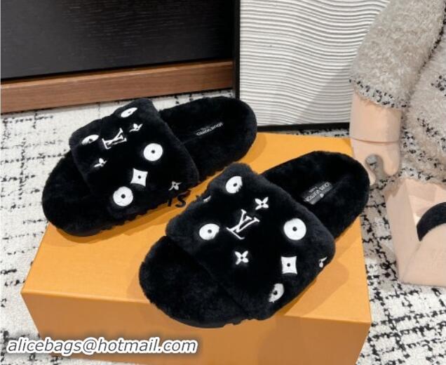 Low Price Louis Vuitton Wool Flat Slides Sandal Black 1114054