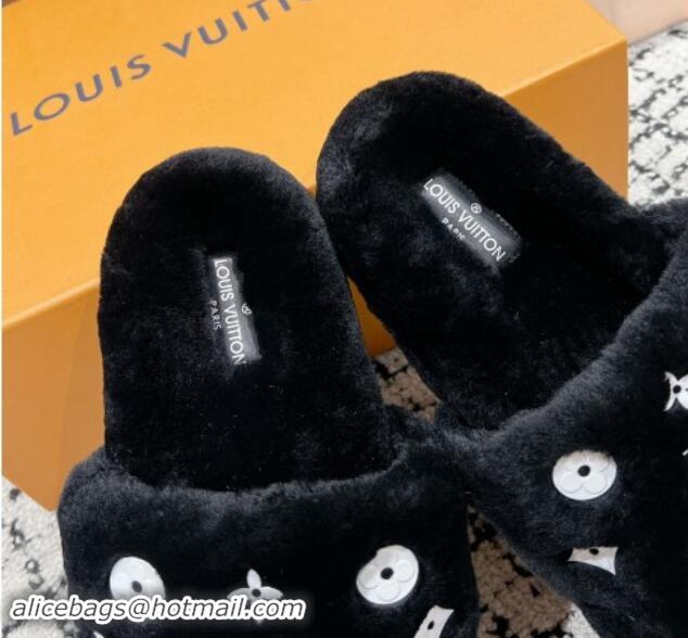 Low Price Louis Vuitton Wool Flat Slides Sandal Black 1114054