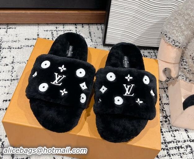 Low Price Louis Vuitton Wool Flat Slides Sandal Black 1114054